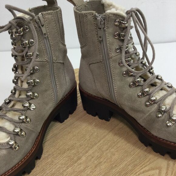 Jeffrey Campbell Stanley Faux Fur Trim Lace Up Hiker Boots Suede Taupe Beige 5.5 - Picture 12 of 14